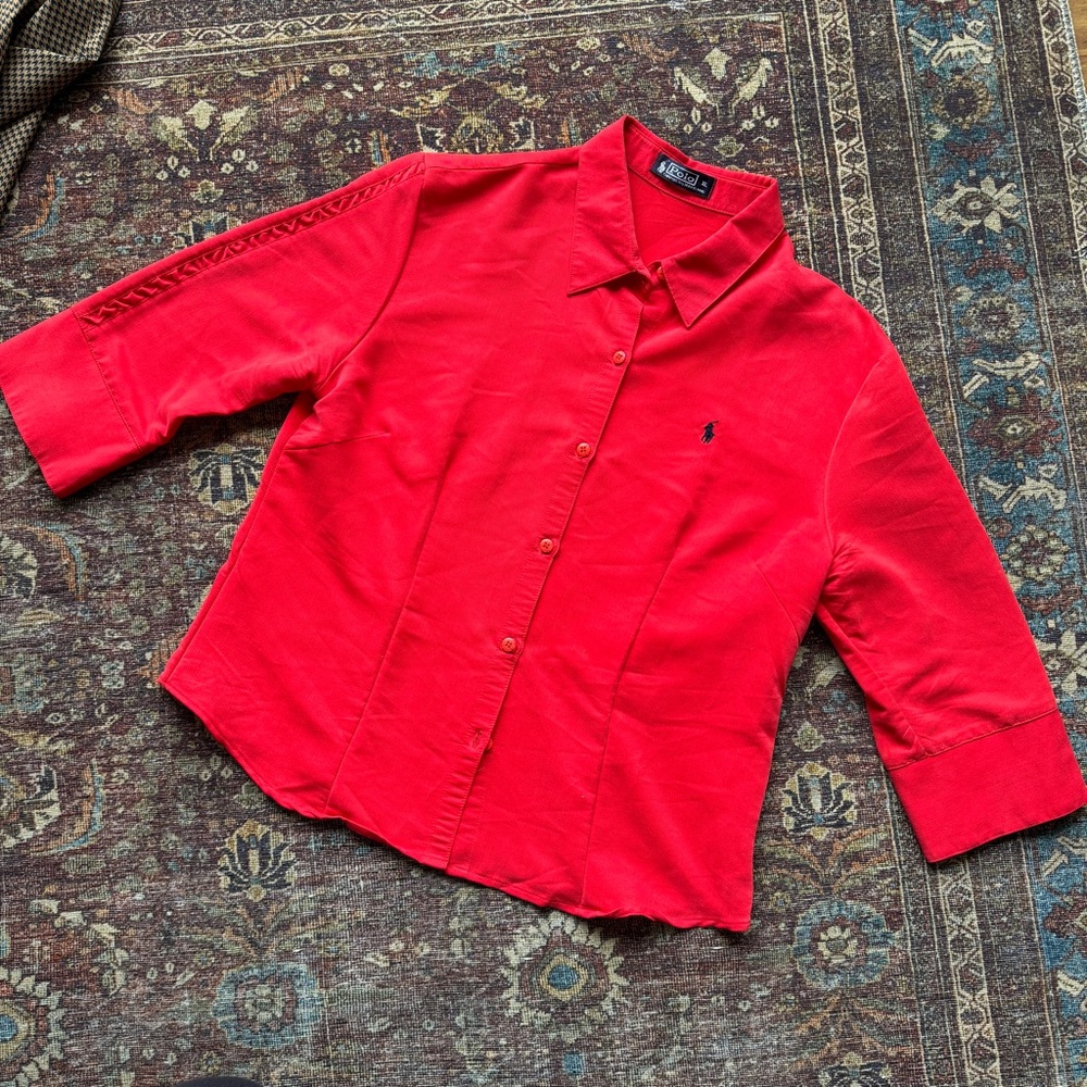 Red Ralph Lauren Polo Three-Quarter Sleeve Button-Up - Classic Prep Style